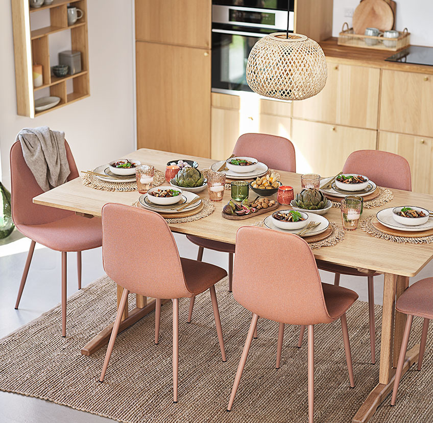 BISTRUP dining chair in soft peach Soft peach dining chairs around dining table in kitchen