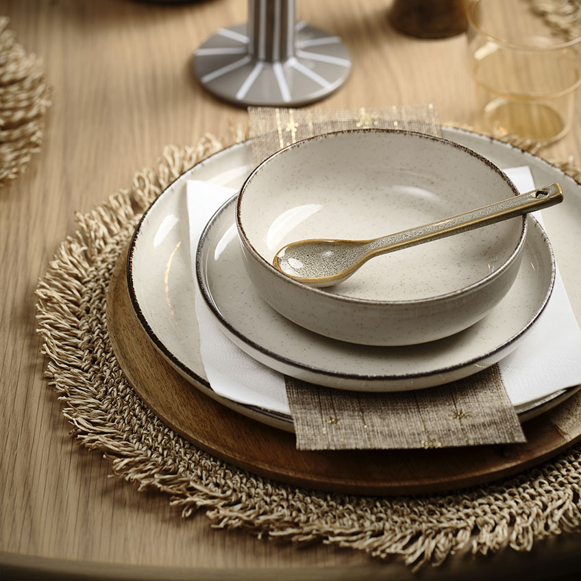 GERNER decorative tray, FERDUS dinner plate, lunch plate and bowl and GLEN stoneware teaspoon Birthday table set up with wooden decorative tray, dinner plate, lunch plate, bowl and stoneware teaspoon