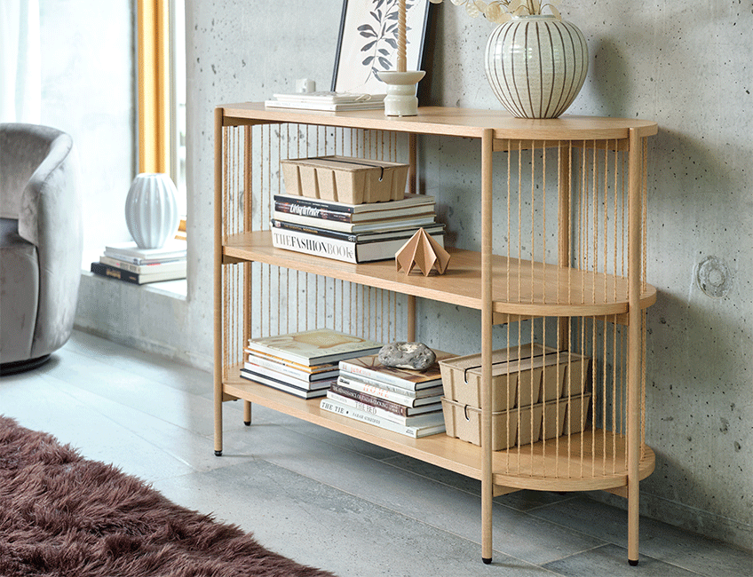 SNESLEV sideboard in natural oak look Open sideboard with shelves in a living room