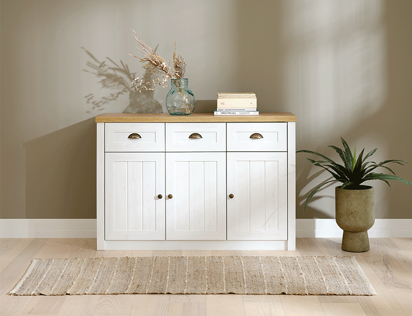White MARKSKEL sideboard Sideboard with 3 drawers and 3 doors in white