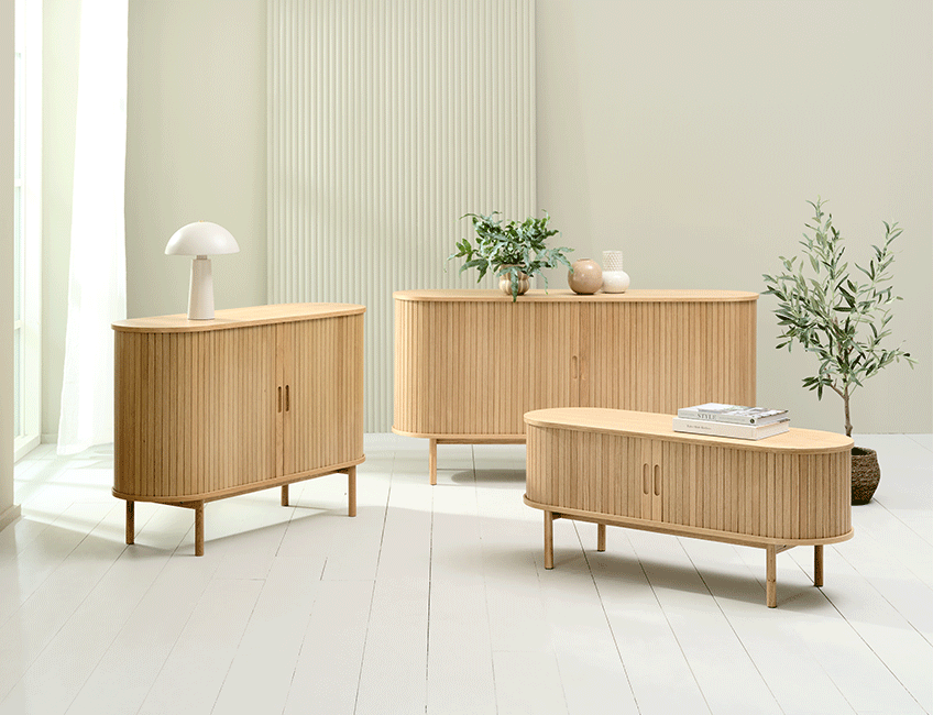 LYNGVIG sideboards and TV bench Room with two different sizes of sideboards and a TV bench in natural oak