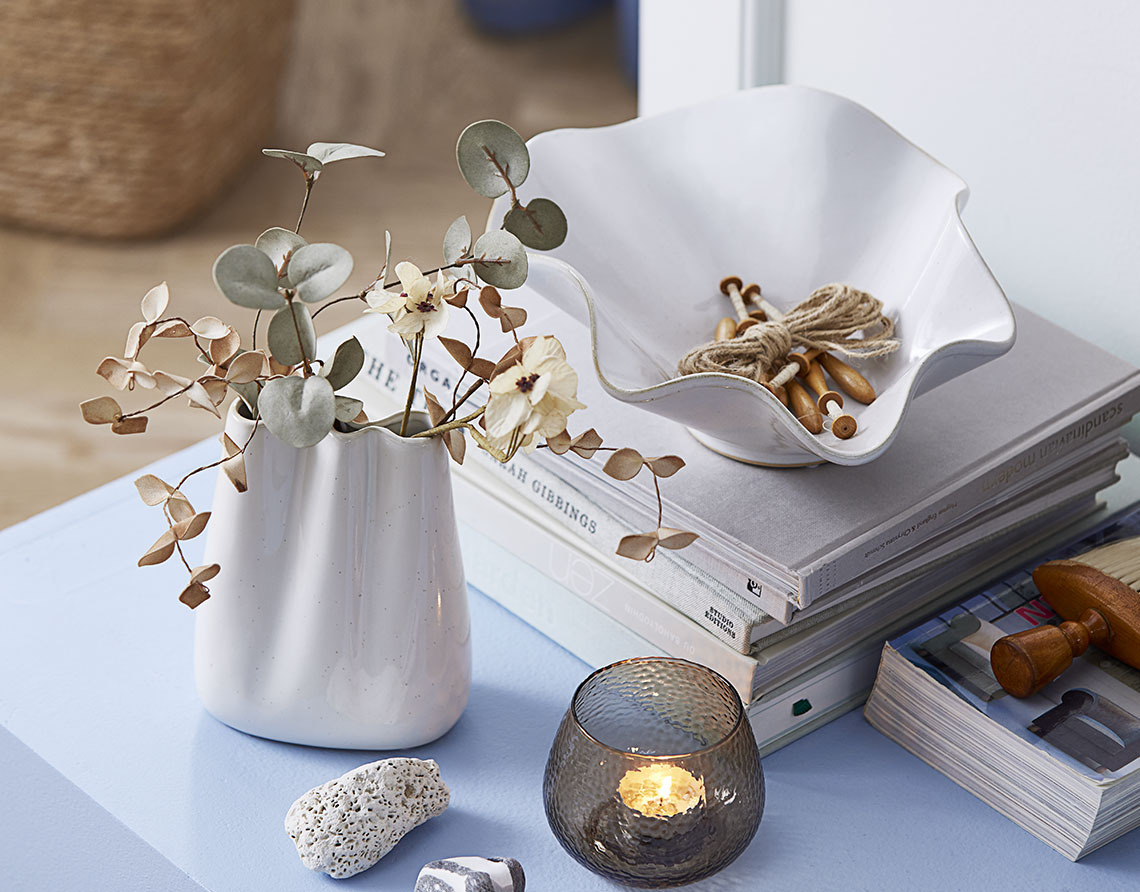 CARLO vase, LAUST artificial flower, HILMIR bowl and ALLAN tealight holder Stoneware vase with artificial flower, white bowl and tealight holder