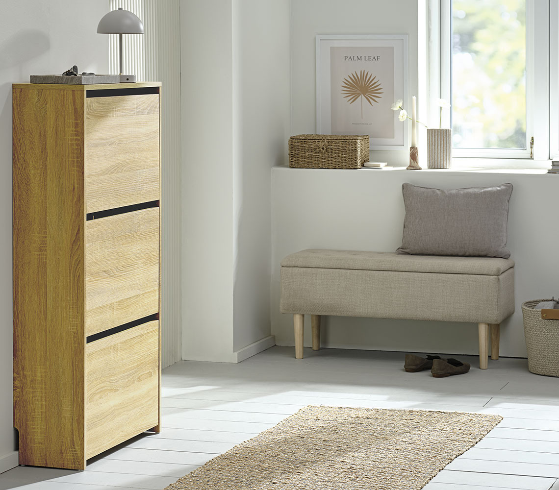 BADSTED hallway bench has storage space under the seat Bench with storage and a shoe cabinet in a hallway