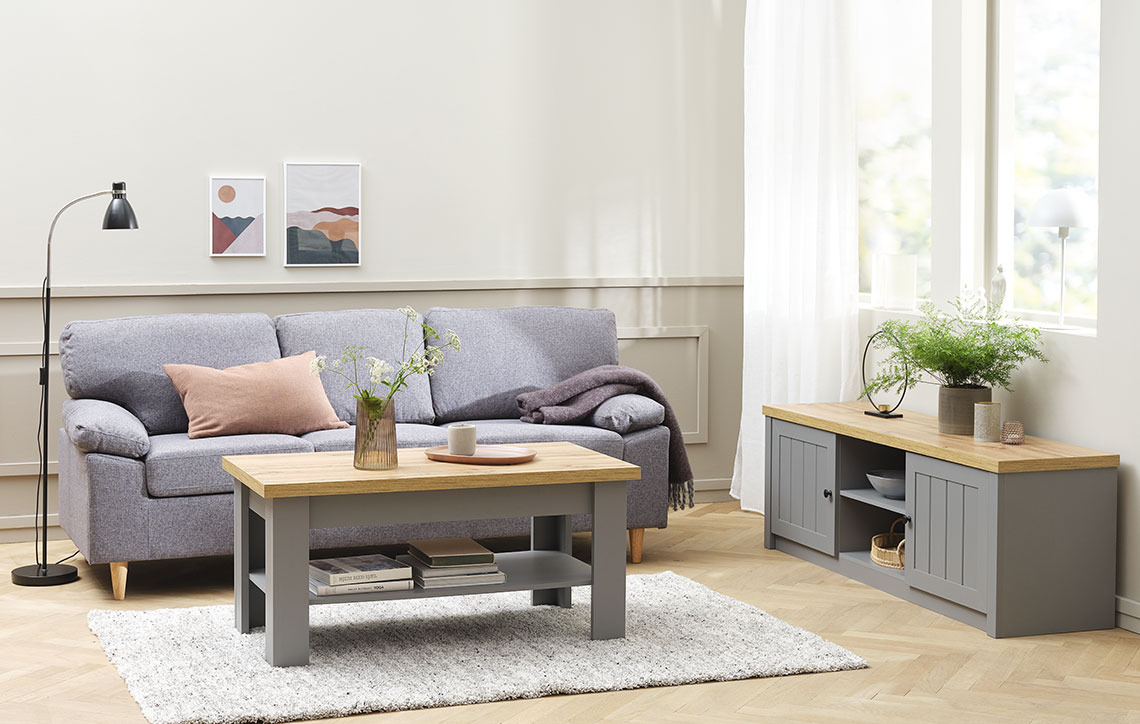 MARKSKEL TV bench, MARKSKEL coffee table and GEDVED sofa Living room with TV bench on a plinth, next to a sofa and a coffee table