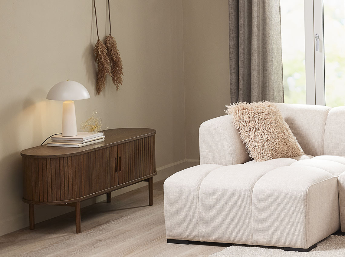 LYNGVIG TV bench and ALLESE sofa Dark coloured TV console table in living room
