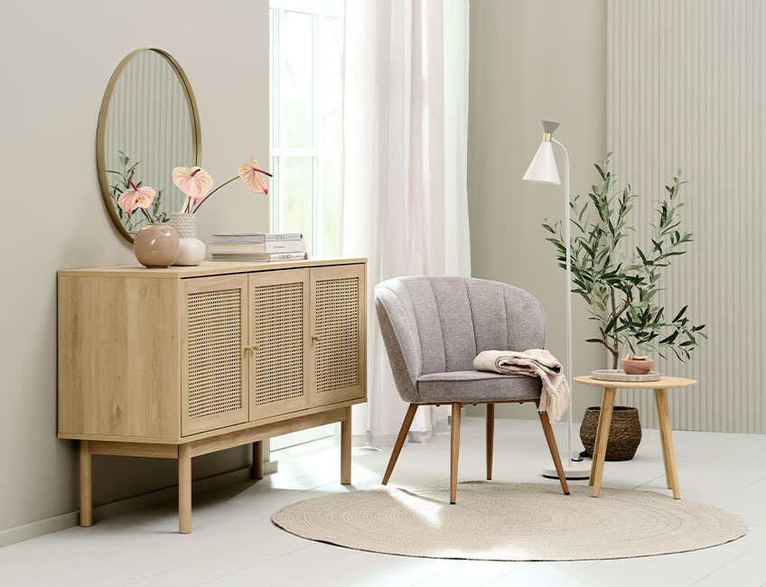 HALMSTAD sideboard with three doors Cattan cane sideboard with 3 doors in oak colour
