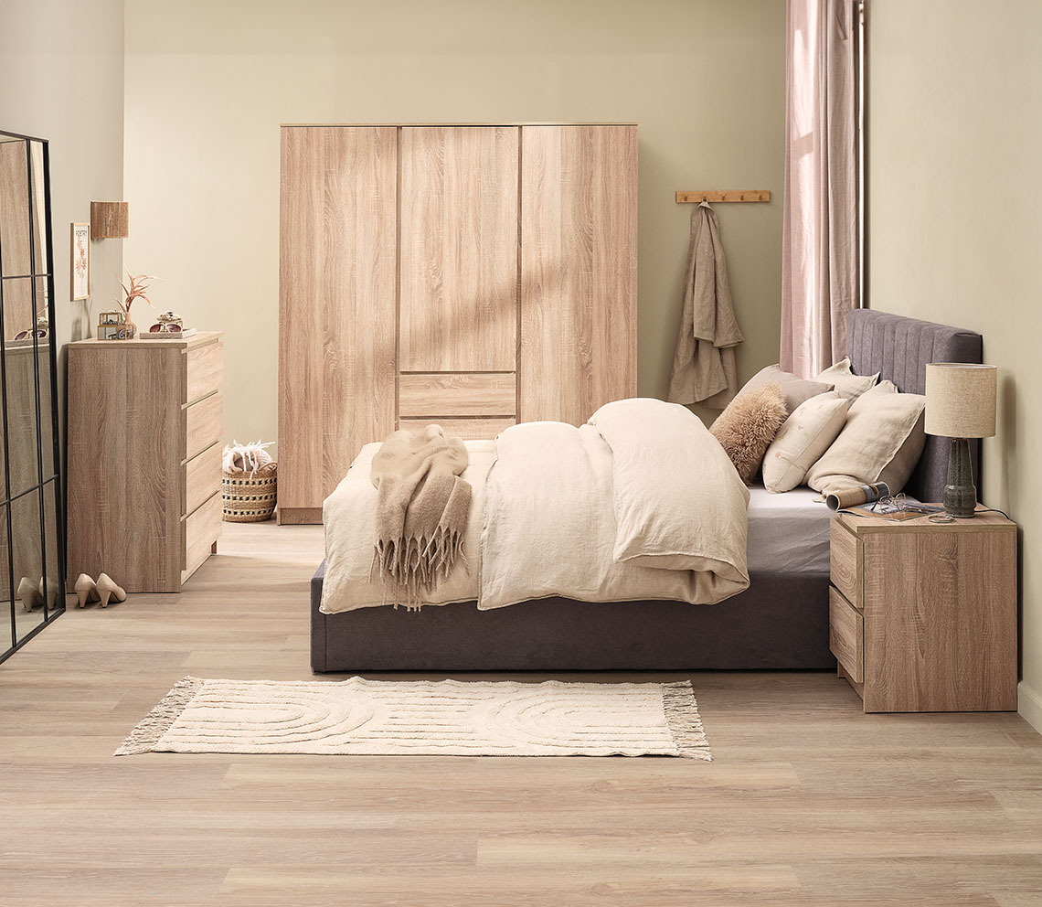 LIMFJORDEN 3-door wardrobe with drawers in light oak colour 3-door wardrobe with doors and drawers in light oak colour in bedroom