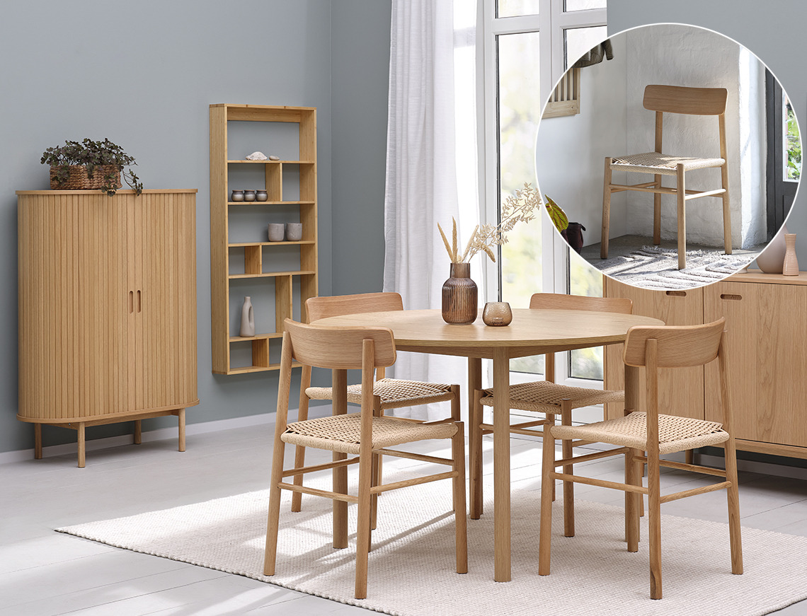 ISLEV dining chairs, ALSTED dining table and LYNGVIG cabinet Dining room with dining table, oak dining chairs and cabinet