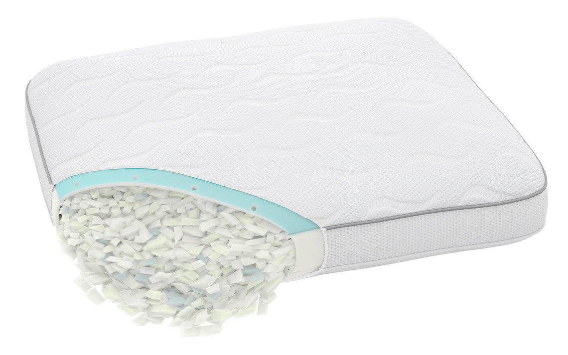 The SOGNDAL pillow has a layer of cooling gel as well as a cooling cover Cross section of cooling pillow with shredded memory foam filling, cooling gel layer, and cooling cover