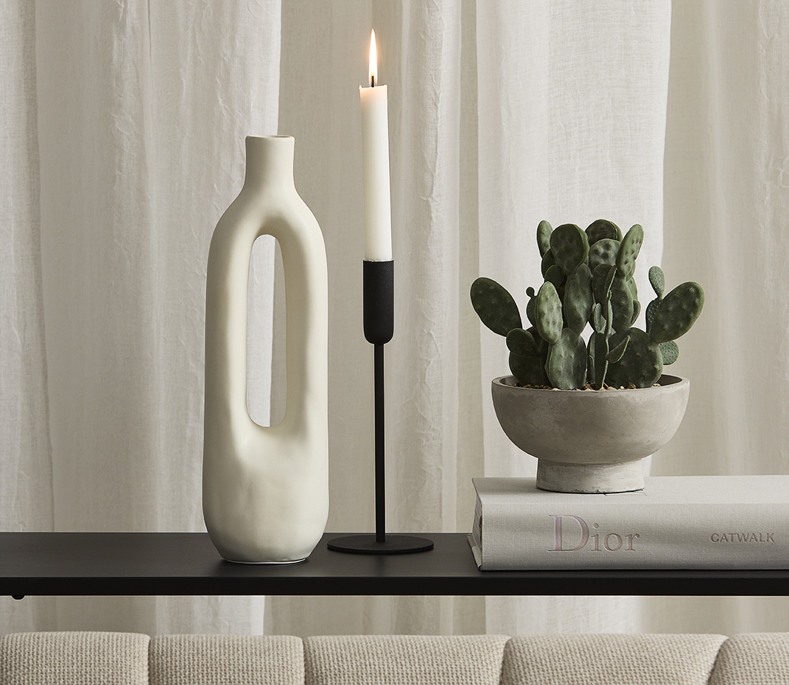 INGEMAR vase, OLAV candlestick and GILLIAN artificial plant White vase, black candlestick and artificial plant in pot