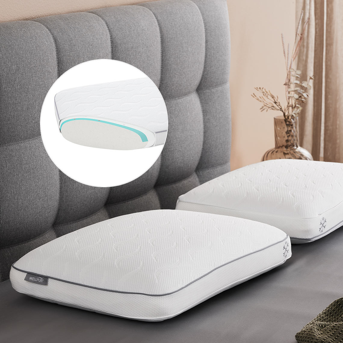 VARDO memory foam pillows have a cover with cooling properties on one side of the pillow Two memory foam pillows with cooling properties