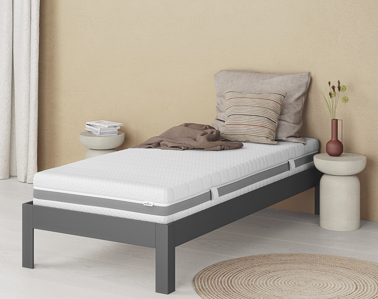 KILDEN bed frame Grey, metal bed frame in a bedroom