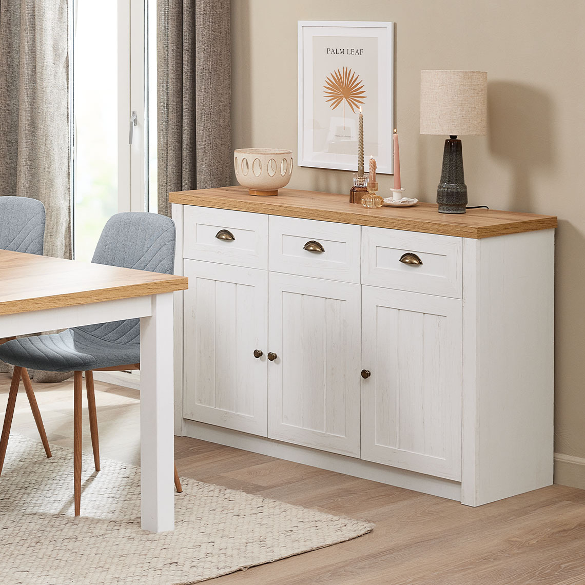 MARKSKEL sideboard White and natural-colour oak sideboard as living room storage