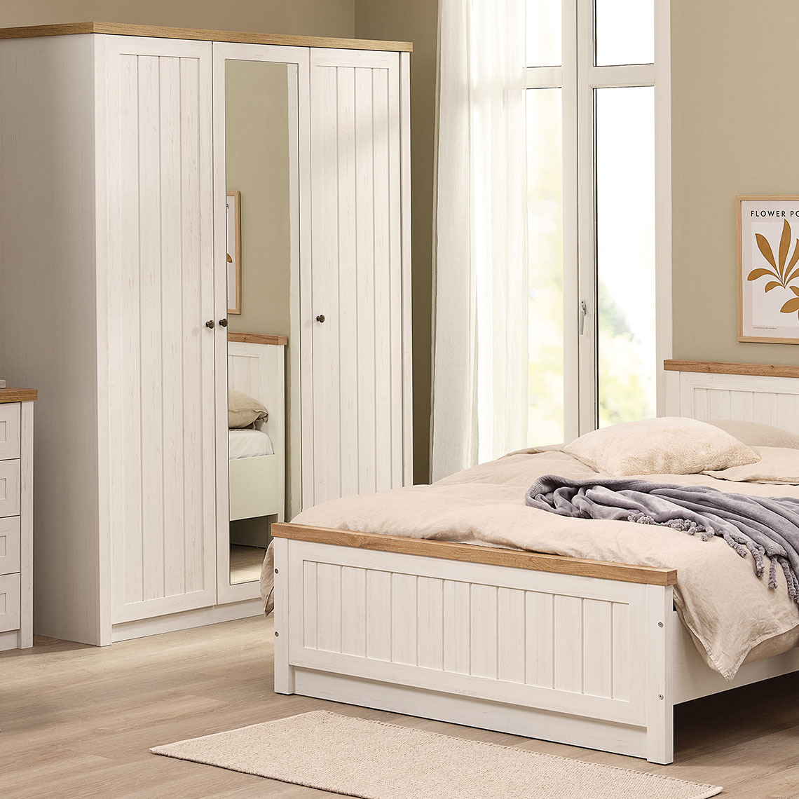 MARKSKEL wardrobe White and natural-colour oak wardrobe unit with mirror and matching bedframe