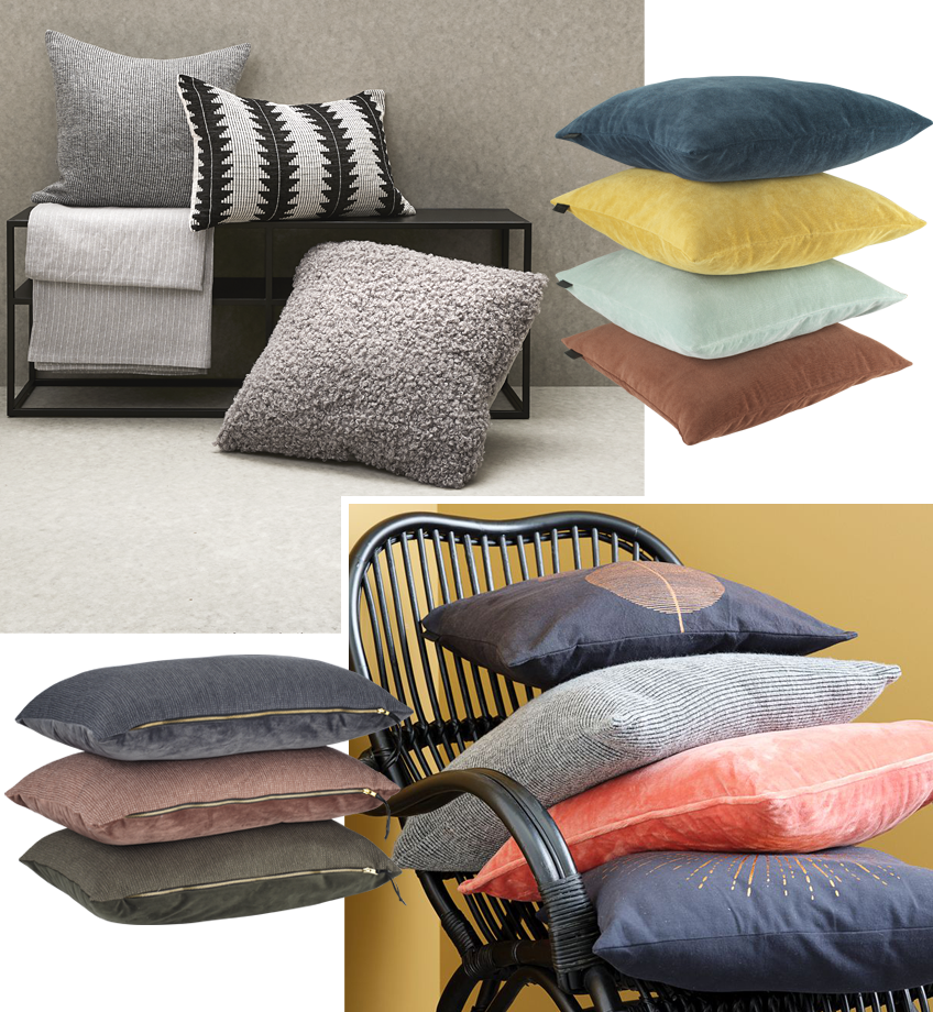 Choose from a wide range of cushions in our assortment A variety of cushions in grey and bright colours. Cushions in a pile on chair