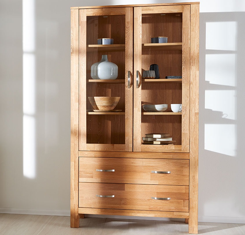 HAGE cabinet in oak veneer with glass doors and drawers Wooden cabinet with glass doors and two drawers