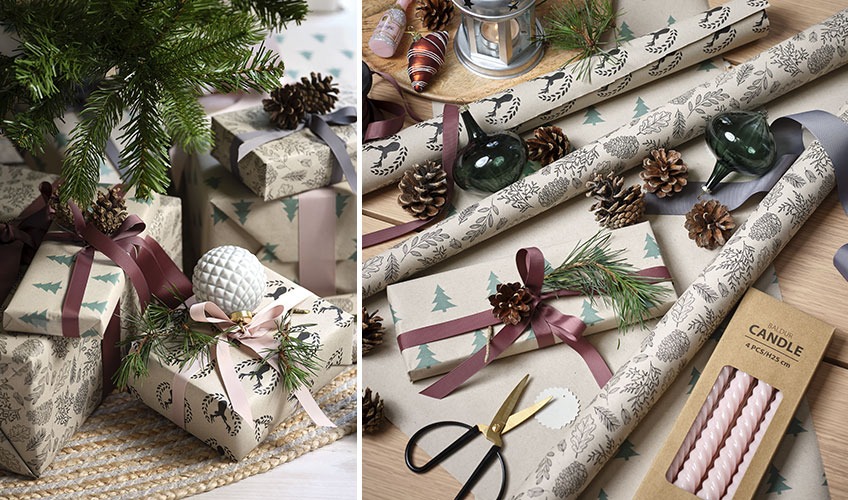 KARDUS wrapping paper, PIBESTEN and SKADI Christmas baubles Christmas gifts decorated with Christmas baubles, twigs, and pine cones