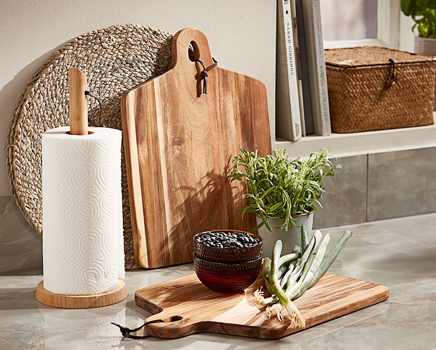 KJELL cutting board, CLAUS kitchen roll holder, ALVIN storage box, TETTEGRAS place mat and JONAS bowls Kitchen accessories in wood add a natural expression to your kitchen