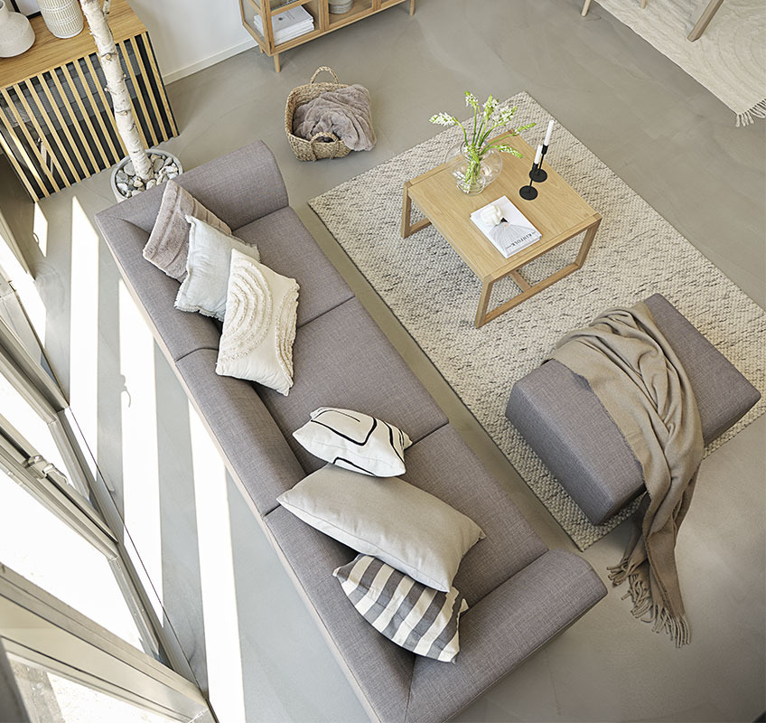 TERNDRUP sofa built of modules and RY coffee table Grey modular sofa and square coffee table in Scandinavian living room