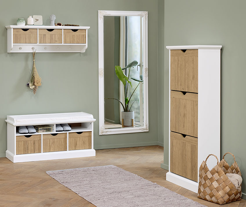 NORDBORG mirror and OLDEKROG bench, shoe cabinet and hallway shelf Large mirror in a hallway with bench, shoe cabinet and hallway shelf